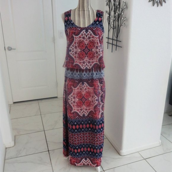 Relativity Mandala Red White Blue Black Print Popover Maxi Dress Sleeveless S - Picture 1 of 15